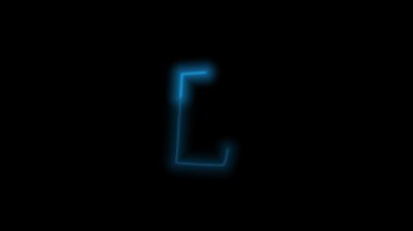 Alfabe harfi E, siyah arkaplanda enerji özeti olan neon mavisi. Hareket grafiği döngüsü. 4k animasyon 