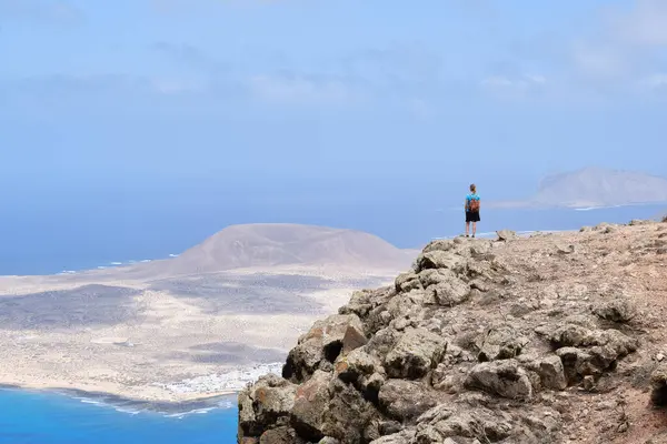 Hiker Admiring Landscape Hill Graciosa Island Background Stock Photo