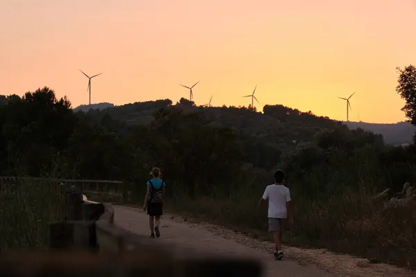 stock image Back view of unrecognizable tourists in casual clothes walking along road near green trees with wind generators on green hills in sunset