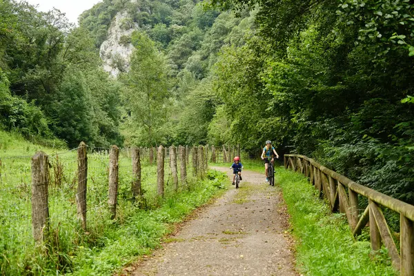 Anne ve oğul Senda del Oso, Asturias, İspanya boyunca bisiklet sürüyorlar.