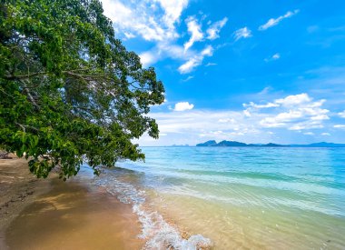 Trang, Tayland, Güney Asya 'daki Koh Kradan adasında sahil manzarası ve uzun kuyruk teknesi.