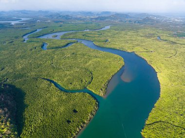 Satun Geopark, Tayland 'da Bo Chet Luk limanının uzun kuyruklu tekneleriyle hava görüntüsü. Yüksek kalite fotoğraf