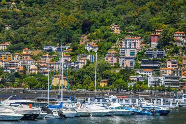 Street and lake views of Como city at the southern tip of Lake Como in northern Italy. High quality photo