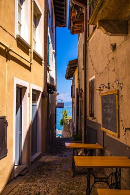 Aerial view of Isola Superiore, or Isola dei Pescatori or Island of the Fishermen in Borromean islands archipelago in Lake Maggiore, Italy, Europe