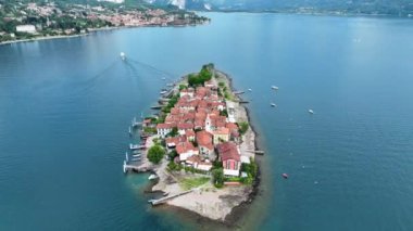 Aerial view of Isola Superiore, or Isola dei Pescatori or Island of the Fishermen in Borromean islands archipelago in Lake Maggiore, Italy, Europe