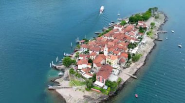 Aerial view of Isola Superiore, or Isola dei Pescatori or Island of the Fishermen in Borromean islands archipelago in Lake Maggiore, Italy, Europe