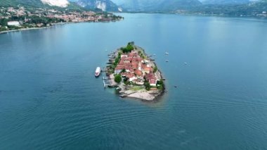 Aerial view of Isola Superiore, or Isola dei Pescatori or Island of the Fishermen in Borromean islands archipelago in Lake Maggiore, Italy, Europe