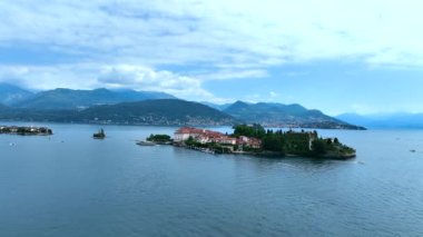 Aerial view of Isola Superiore, or Isola dei Pescatori or Island of the Fishermen in Borromean islands archipelago in Lake Maggiore, Italy, Europe