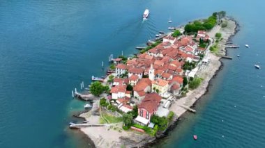 Aerial view of Isola Superiore, or Isola dei Pescatori or Island of the Fishermen in Borromean islands archipelago in Lake Maggiore, Italy, Europe