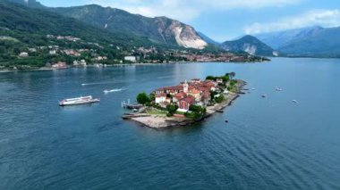 Aerial view of Isola Superiore, or Isola dei Pescatori or Island of the Fishermen in Borromean islands archipelago in Lake Maggiore, Italy, Europe