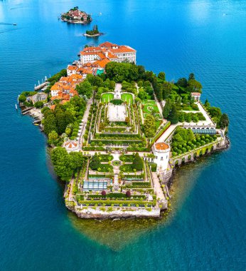 Aerial view of Isola Bella, in Isole Borromee archipelago in Lake Maggiore, Italy, Europe