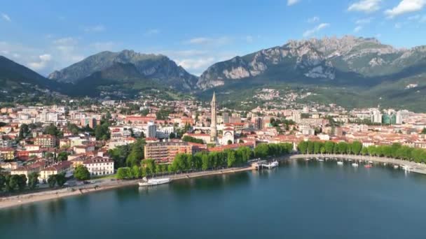 Aerial View Lecco City Southeastern Shore Lake Como Northern Italy — Αρχείο Βίντεο