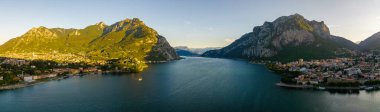 Kuzey İtalya, Avrupa 'daki Como Gölü' nün güneydoğu kıyısındaki Lecco şehrinin hava manzarası.