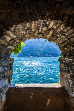 Aerial view of Nesso, a picturesque village sitting on the banks of Lake Como, Italy