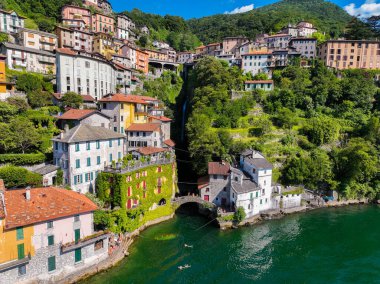 Aerial view of Nesso, a picturesque village sitting on the banks of Lake Como, Italy