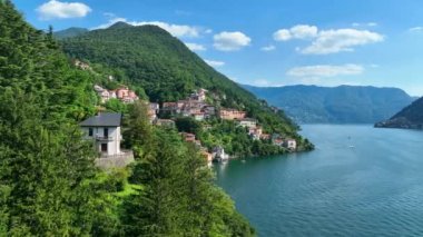 Aerial view of Nesso, a picturesque village sitting on the banks of Lake Como, Italy