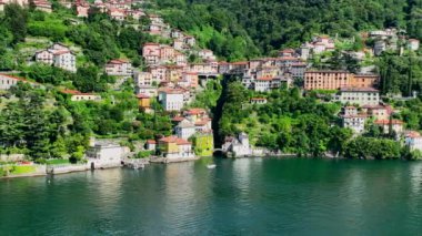 Aerial view of Nesso, a picturesque village sitting on the banks of Lake Como, Italy