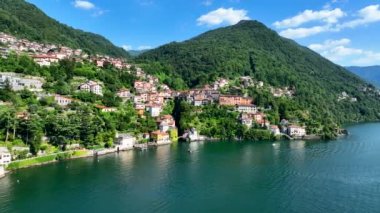 Aerial view of Nesso, a picturesque village sitting on the banks of Lake Como, Italy