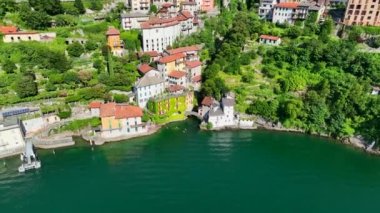 Aerial view of Nesso, a picturesque village sitting on the banks of Lake Como, Italy