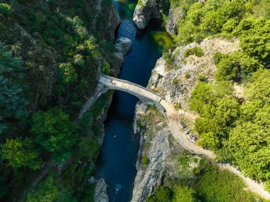 Le pont du diable or Devil Bridge ain Thueyts village in the Ardeche department in southern France, Europe