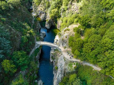 Le pont du diable or Devil Bridge ain Thueyts village in the Ardeche department in southern France, Europe