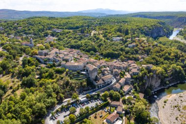Aerial view of Balazuc, one of the most beautiful village in Ardeche, South of France, Europe