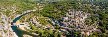 Aerial view of Balazuc, one of the most beautiful village in Ardeche, South of France, Europe