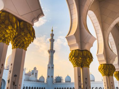 The Sheikh Zayed Grand Mosque during sunset, in Abu Dhabi, United Arab Emirates. High quality photo