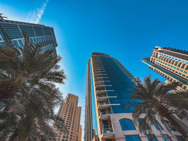 Dubai Marina, liman, tekne ve kanal manzarası gün batımında, Dubai, Birleşik Arap Emirlikleri 'nde. Yüksek kalite fotoğraf