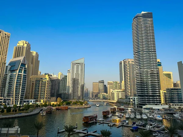 Dubai Marina Kikötő Sétahajó Csatorna Sétány Kilátás Naplementekor Dubai Egyesült — Stock Fotó