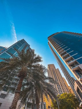 Dubai Marina, liman, tekne ve kanal manzarası gün batımında, Dubai, Birleşik Arap Emirlikleri 'nde. Yüksek kalite fotoğraf