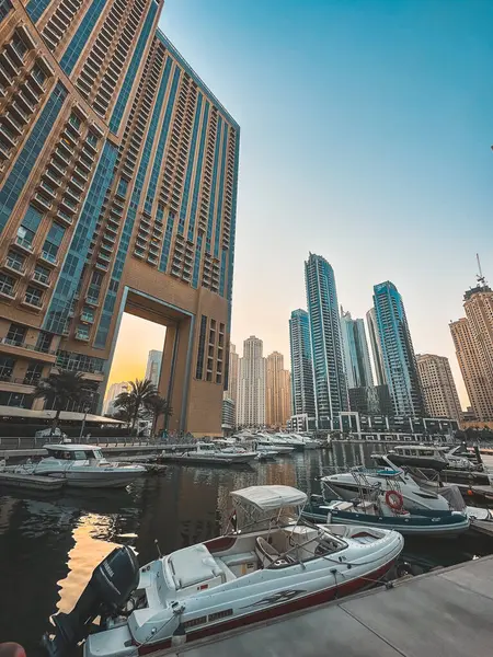 Dubai Marina Harbour Cruise Boat Canal Promenade View Sunset Dubai — Stock Photo, Image