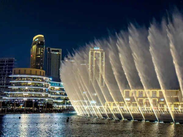 Dubai Szökőkút Show Burj Khalifa Lake Belvárosban Dubai Egyesült Arab — Stock Fotó
