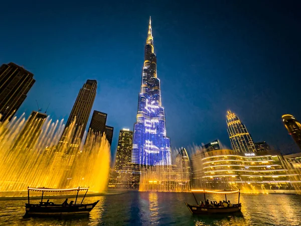 Dubai Fountain Show Burj Khalifa Lake Centro Dubái Emiratos Árabes — Foto de Stock
