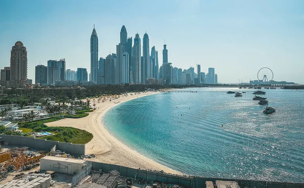 stock image View from the promenade and tram monorail in The Palm Jumeirah island in Dubai, UAE. High quality photo