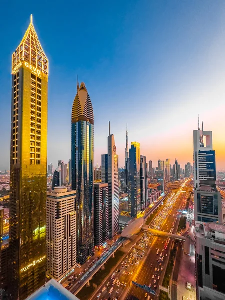 stock image View of Sheikh Zayed Road at sunset in Dubai Downtown Financial center, UAE. High quality photo