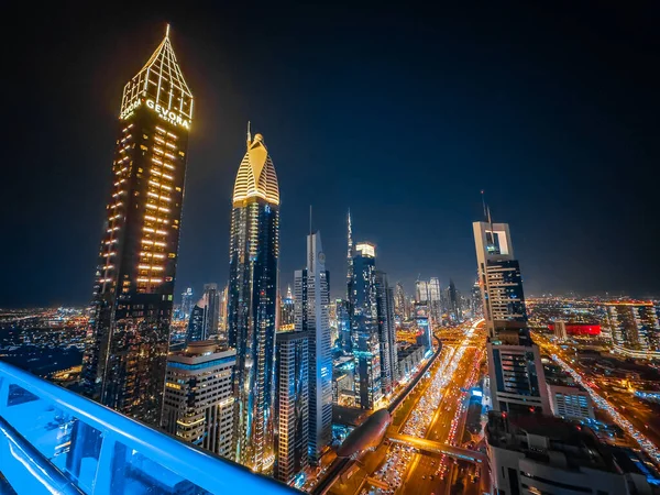 Widok Sheikh Zayed Road Zachodzie Słońca Dubaju Downtown Financial Center — Zdjęcie stockowe