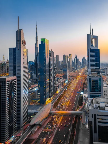 stock image View of Sheikh Zayed Road at sunset in Dubai Downtown Financial center, UAE. High quality photo