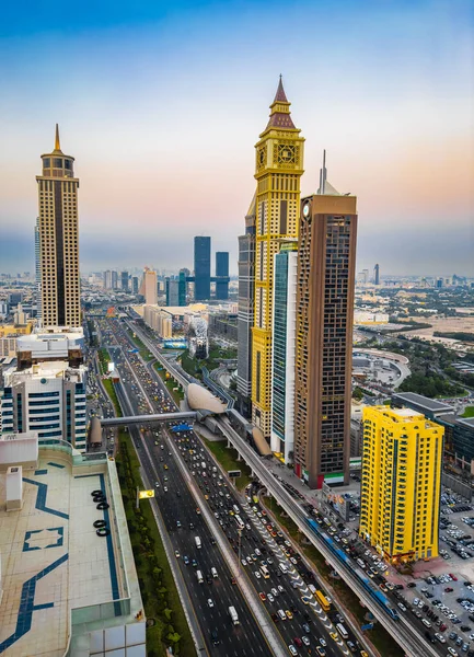 stock image View of Sheikh Zayed Road at sunset in Dubai Downtown Financial center, UAE. High quality photo