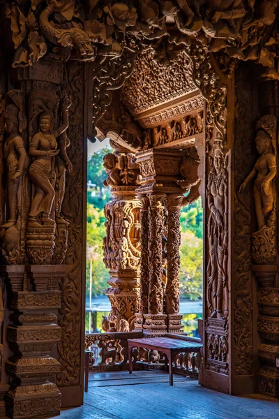 stock image Wooden carving sculptures inside of the Sanctuary of Truth temple in Pattaya, Thailand. High quality photo