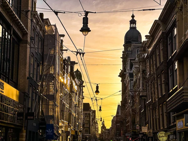 Główna Ulica Handlowa Leidsestraat Zachodzie Słońca Amsterdam Holandia Wysokiej Jakości — Zdjęcie stockowe