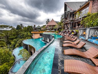Ubud, Bali, Endonezya 'da orman havuzu ve pirinç terasları. Yüksek kalite fotoğraf