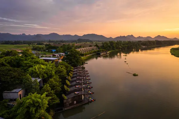 stock image Aerial view of river Kwai and floating houses in Kanchanaburi province, Thailand, south east Asia