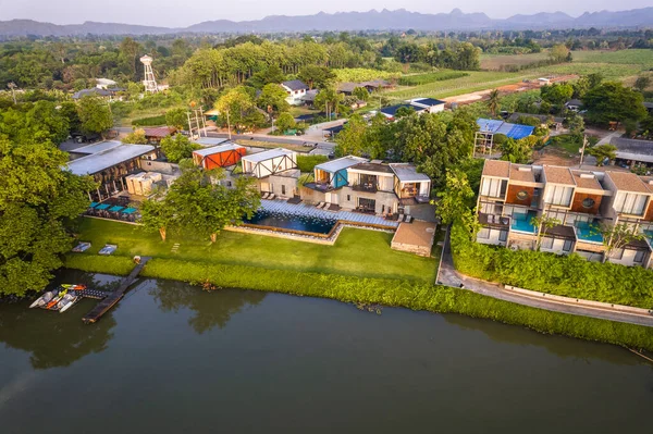 Kwai Nehri Nin Havadan Görünüşü Kanchanaburi Bölgesinde Yüzen Evler Tayland — Stok fotoğraf