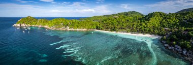 Haad Tien Sahili 'nin havadan görünüşü ve Shark Bay, koh Tao, Tayland, Güney Asya