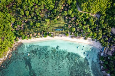 Haad Tien Sahili 'nin havadan görünüşü ve Shark Bay, koh Tao, Tayland, Güney Asya
