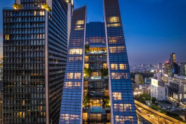 Bangkok şehir merkezindeki Ploenchit yolunun hava görüntüsü, finans bölgesi ve iş merkezi, Tayland, Güney Doğu Asya