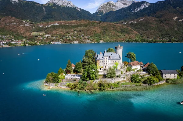 Annecy Gölü Ndeki Chateau Duingt Havadan Görünüşü Haute Savoie Fransa Stok Resim