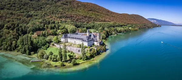 stock image Aerial view of Abbey of Hautecombe, or Abbaye dHautecombe, in Savoie, France, Europe