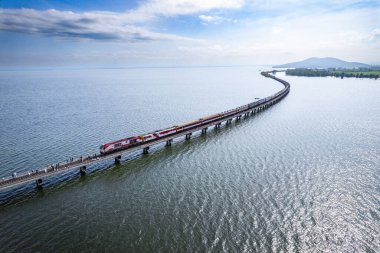 Aerial view of the floating train in Pasak Chonlasit Dam, Lopburi, Thailand, south east asia clipart